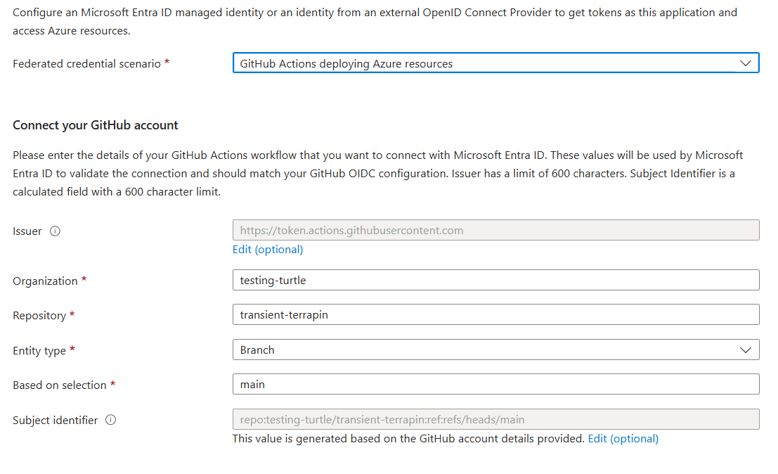 Configuring federated credentials for main branch builds