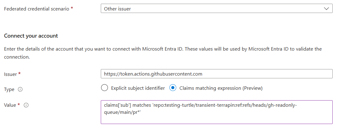 Configuring federated credentials with a claim expression to enable merge queue