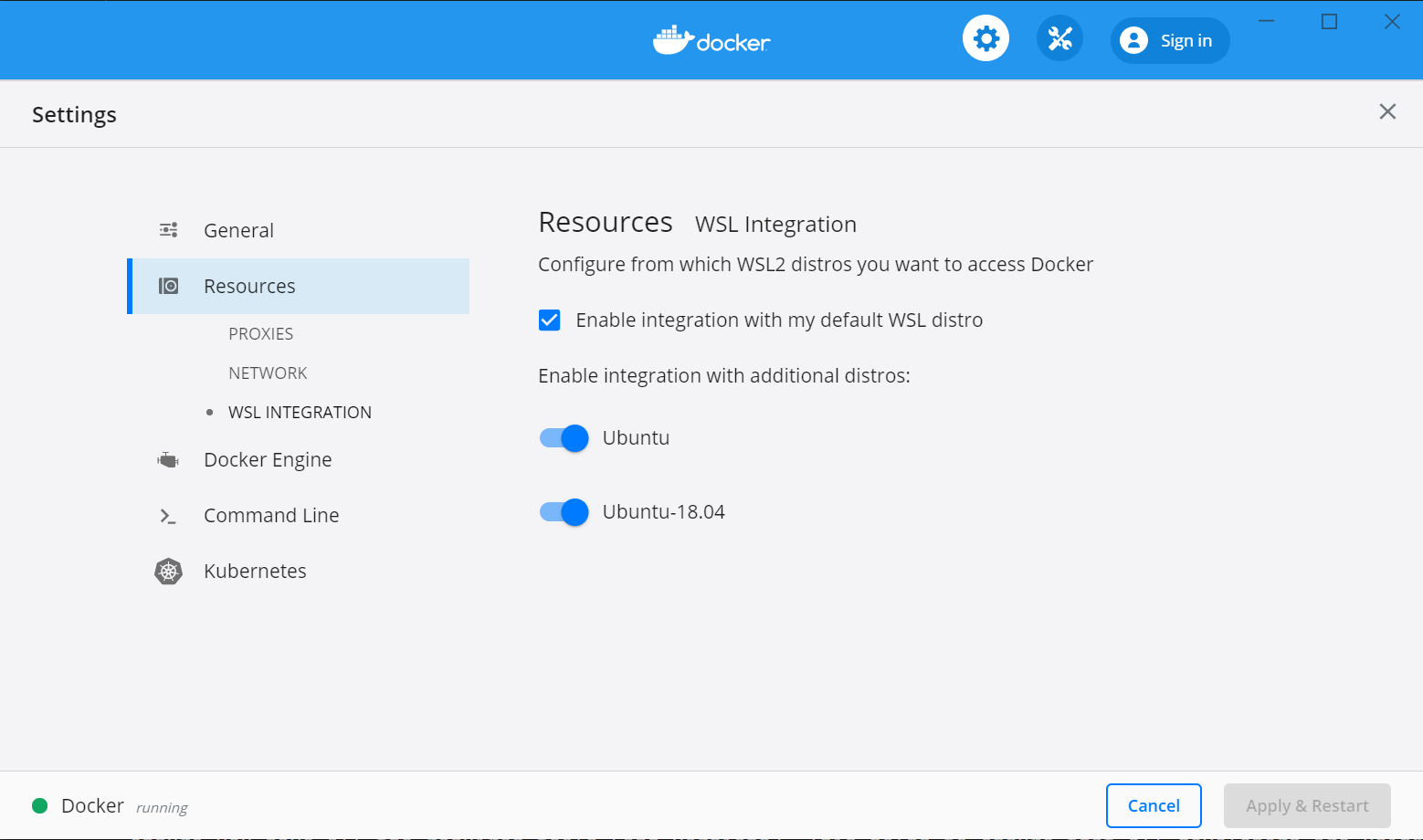 Screenshot showing the WSL integration enabled in Docker for Windows