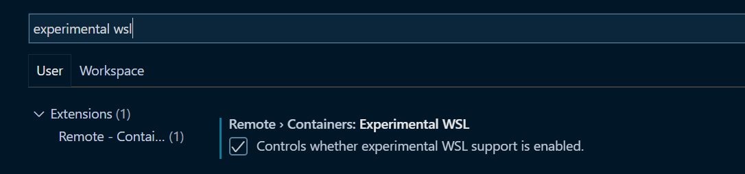 Screenshot showing navigating to the experimental WSL setting in VS Code